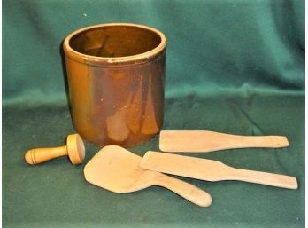 Stoneware Crock And  Butter Paddles, 7.5'H (148)