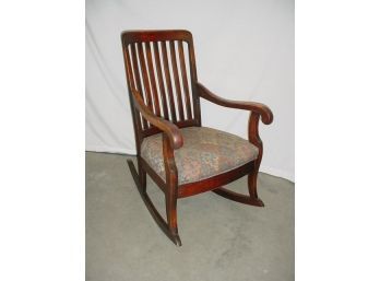 Antique Maple Slat Back, Upholstered Seat Rolled Arm Rocker, Ca 1900  (98)