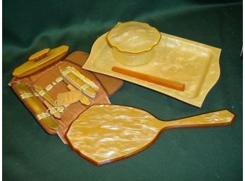 Antique Celluloid Dresser Ser - Mirror, Tray, Dresser Jar & Lid, Nail Buffer, Accessorie Set  (117)