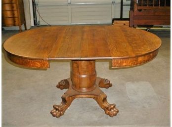 Beautiful Antique 42' Dia  Round Oak Table With Two Original 10' Leaves , Claw Footed Center Pedistal   (38)