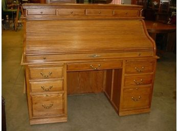Oak High 'S' Roll Top Desk, 14 Drawer Cubby, 2 Banks Of 3 Drawers, 2 Writing Surfaces  (111)