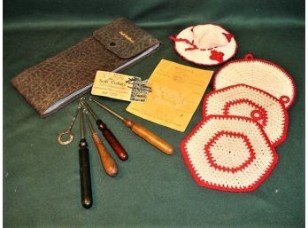 Mixed Lot: 5 Boot  Hooks, 4 Crocheted Potholders, Soft Collar Holder, Collar Supports  (174)