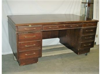 Walnut Double Bank Flat Top Desk, With Pull Out Shelf In Back,  89'X 38' X 30' (183)