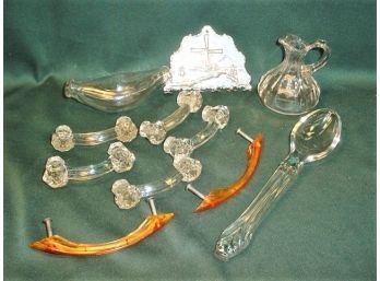 Glass Spoon, Waterfall Drawer Pulls, 5 Glass Drawer Pulls, 'Welfare' Bottle, Cruet, Metal Spoon Holder  (135)