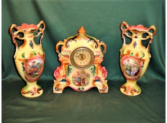 3 Piece China Set - Spring Driven Clock & 2 Vases, English, 'Chelsea'   (164)