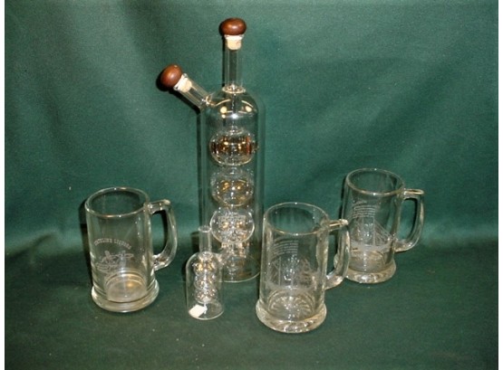 2 Tequilla Bottles Within Bottles , 3 Etched Clear Glass Beer Mugs (1 From Hilt, CA)    (225)