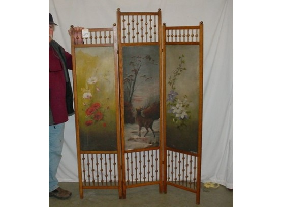 Antique American Oak Stick And Ball 3 Panel Screen Room Divider W/ 3 Original Oil Paintings On Canvas  (287)