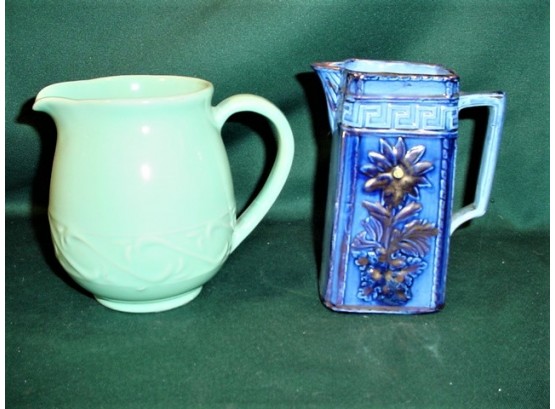 2 Ceramic Antique Pitchers, 6', 6 1/2'H, One Is USA, Other Is Lustered Flo-Blue (55)