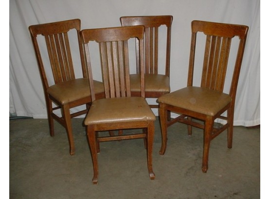 Set Of 4 Antique American Oak Slat Back Chairs With Cushion Seats  (251)