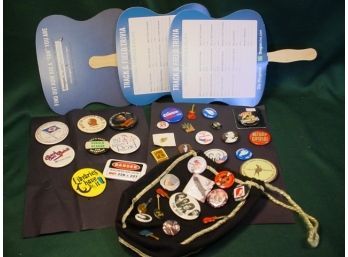 Group Of Pin Back Buttons And Pins, Paper Fans    (233)