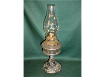 Antique Clear Pressed Glass Oil Lamp, 19'H With Chimney On Iron Base  (277)