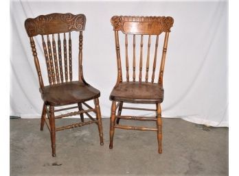 Group Of 2 Antique Pressed Back Mixed Wood Chairs With Solid Seats  (260)