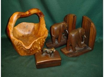 Pair Elephant Wood Bookends, Bull Dog Covered Metal Box, Turned Wood Bowl (cracked)     (232)