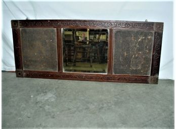 Antique Pressed Wood Frame, 14'x14' Beveled Mirror & 2 Embossed Leather Insert Panels, 45'x 19'  (280)