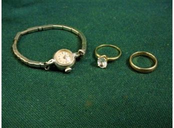 14 K: Two Rings & Ladies Watch- .54 Troy Ozs. Including Stones And Watch Band  (122)