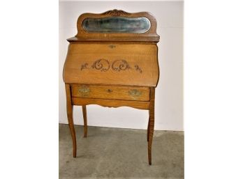 Antique American Oak Ladies Drop Front Desk With Interior, Mirrored Back Splash, 30'x 15'x 60'   (212)