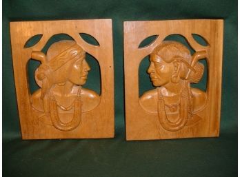 Beautiful Pair Of Carved Wood Portraits   (195)