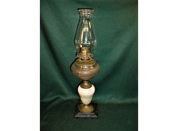 Antique Etched Glass Oil Lamp On Brass & Onyx Base, 22'H With Chimney   (274)