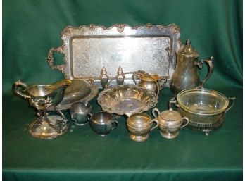 Box Of Assorted Antique Holloware Silver Plate - Tray Is 20'x 12'  (192)