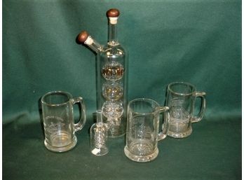 2 Tequilla Bottles Within Bottles , 3 Etched Clear Glass Beer Mugs (1 From Hilt, CA)    (225)