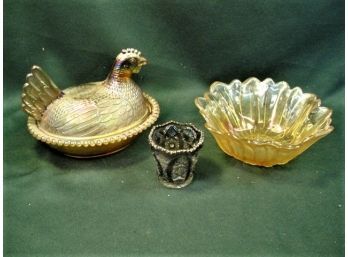 Irridized Carnival Glass  - Covered Chicken, Bowl, Toothpick Holder   (221)