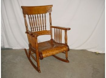 Very Nice Antique American Oak Rolled Seat, Spindle Back  Arm Rocker  (255)