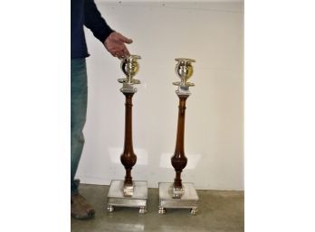 Beautiful Pair Of 32'H Sheffield Metal And Wood Candle Holders, Silver On Copper, Base  8'x 8'    (52)