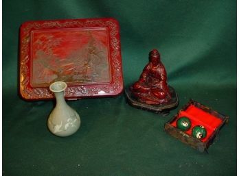 Plastic Oriental Jewelry Box, 2 Worry Balls In Box, Figurine On Stand  (202)