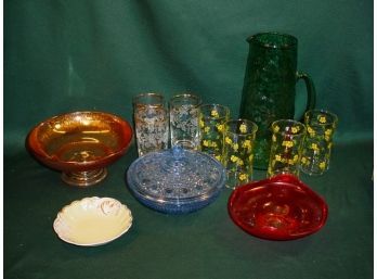 12' Lg Green Pitcher,  7 Tumblers, 3 Bowls And Covered Bowl  (239)