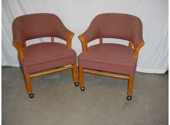 Pair Of Upholstered Mid Century Parlor Chairs On Casters  (181)