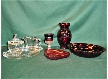 Candlewick Relish, Creamer & Tray, Red Glass Dishes, 1904 Souvenir Glass    (76)
