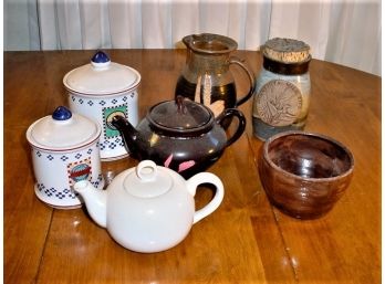 3 Thrown Pottery Pieces, 2 Canisters, 2 Teapots, One With Chipped Spout  (410)
