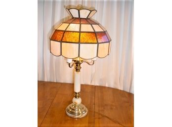 Brass & Alabaster Table Lamp W/ Stained Glass Shade, 30'H   (500)