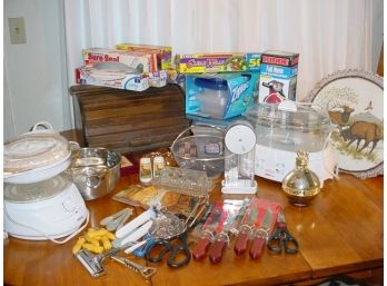 Large Kitchen Lot - Fire Extinguisher, Bread Box, Steamers, Utensils, Coasters, More  (447)