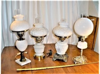 Group Of 4 Vintage Electric Table Lamps W/white Glass Shades And Bases  (567)