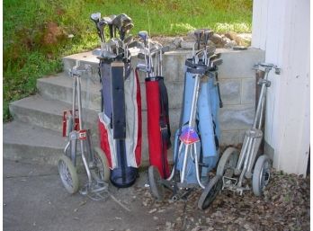 4 Sets Of Golf Clubs, 3 Golf Caddies, 3 Golf Bags  (437)