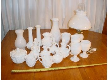 White Hobnail Glassware- Lamp, Goblets, Vases, Cruets, Shades, Sugar & Creamer, More  (495)