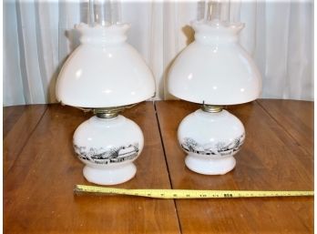 Pair Of Vintage Decorated White Glass Oil Lamps  (462)