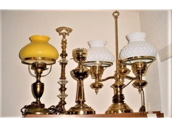Group Of 4 Brass And Glass Electric Lamps, 14'-24'H  (477)