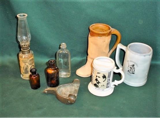 Antique And Vintage 3 Mugs, 3 Bottles, Oil Lamp, Pot Metal Spur Ashtray  (11)