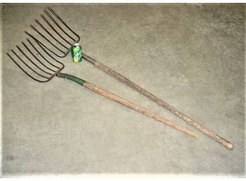 2 Antique Hay Rakes, 50' & 60' Long, One Broken Handle    (118)