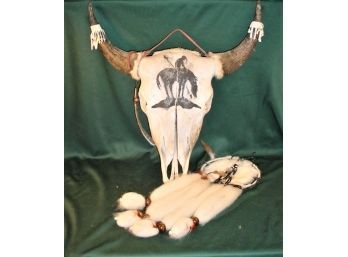 Decorated Cow Skull With Horns & Handmade Man-del-la  (232)