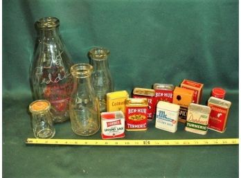 Antique Kitchen Lot:  Milk/Cream Bottles, Spice Tins And Boxes  (128)
