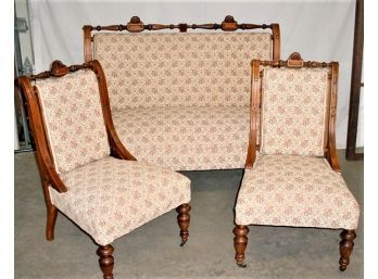 Super Nice Antique Walnut Upholstered Settee & Pair Of Upholstered Side Chairs  Set (45)
