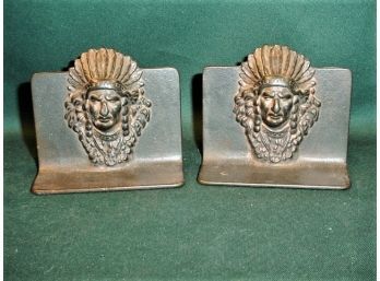 Antique Pair Of Cast Iron Indian Head Bookends, 4'High  (56)