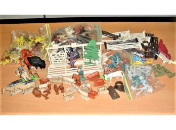 2 Metal Cows And Several Bags Of  Vintage Plastic Figures, Fencing  & Animals  (28)
