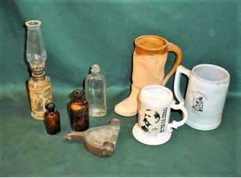 Antique And Vintage 3 Mugs, 3 Bottles, Oil Lamp, Pot Metal Spur Ashtray  (11)