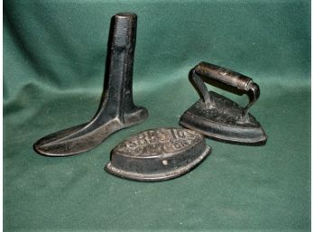 2 Cast Iron Sad Irons, Shoe Lathe   (107)