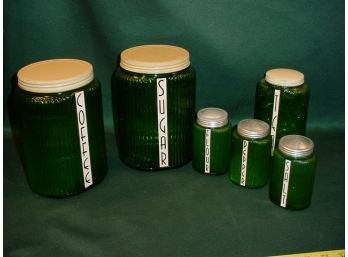 Depression Era 6 Piece Green Glass Labeled Canister Set  (1)