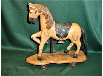 Vintage Rolling Carved Toy Horse With Leather Saddle, 17'x 16' High  (138)